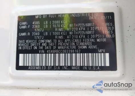 2011 Subaru Outback 2.5I Premium z USA, uszkodzony, nr VIN 4S4BRBCC0B3398162